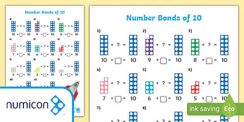 Numicon Shapes Number Bonds of 10 Missing Numbers Worksheets